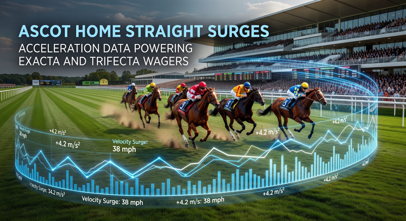 Close-up of a surging horse overtaking leaders in Ascot's final furlong, with acceleration graphs overlayed