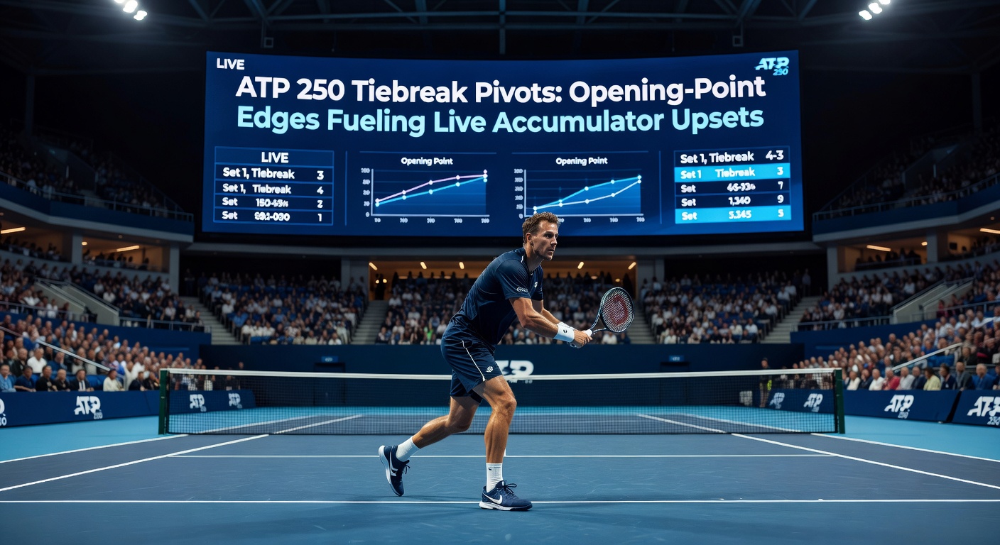 Intense tiebreak moment at an ATP 250 tournament, player lunging for a volley on the opening point