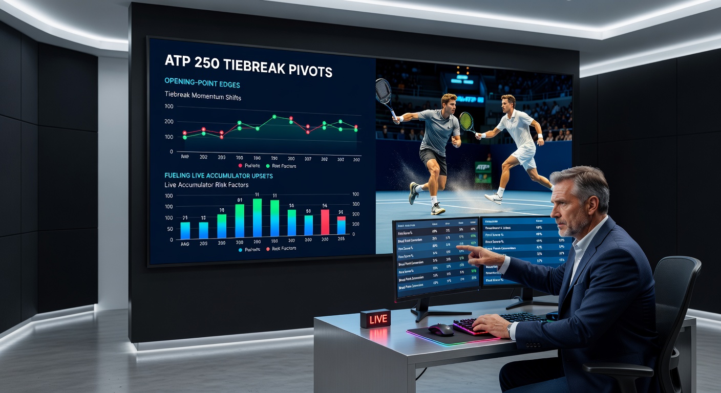 Close-up of ATP 250 player celebrating after winning the crucial opening point in a tiebreak, crowd blurred in background