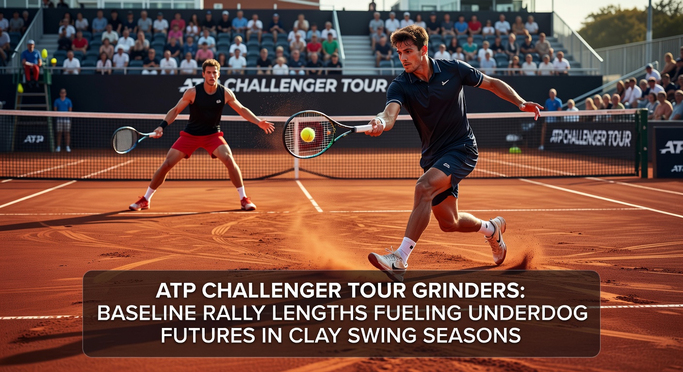 Close-up of intense baseline exchange in an ATP Challenger clay tournament, highlighting player endurance and ball retrieval