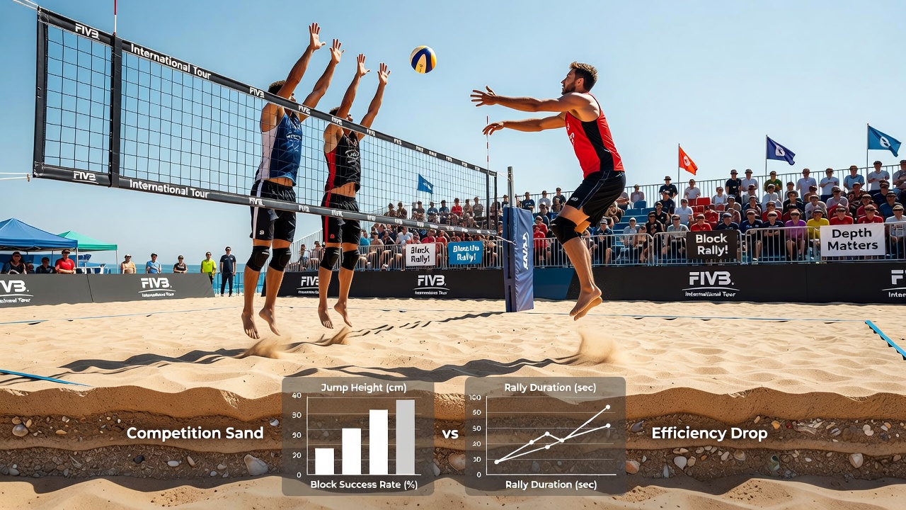 Beach volleyball players executing blocks on sand courts with varying depths during an international tournament match