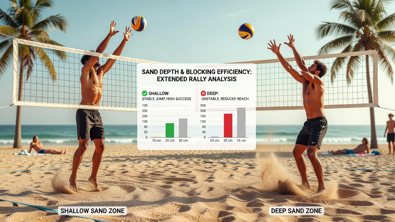 Close-up of beach volleyball blocking action showing foot placement and sand displacement during a long rally