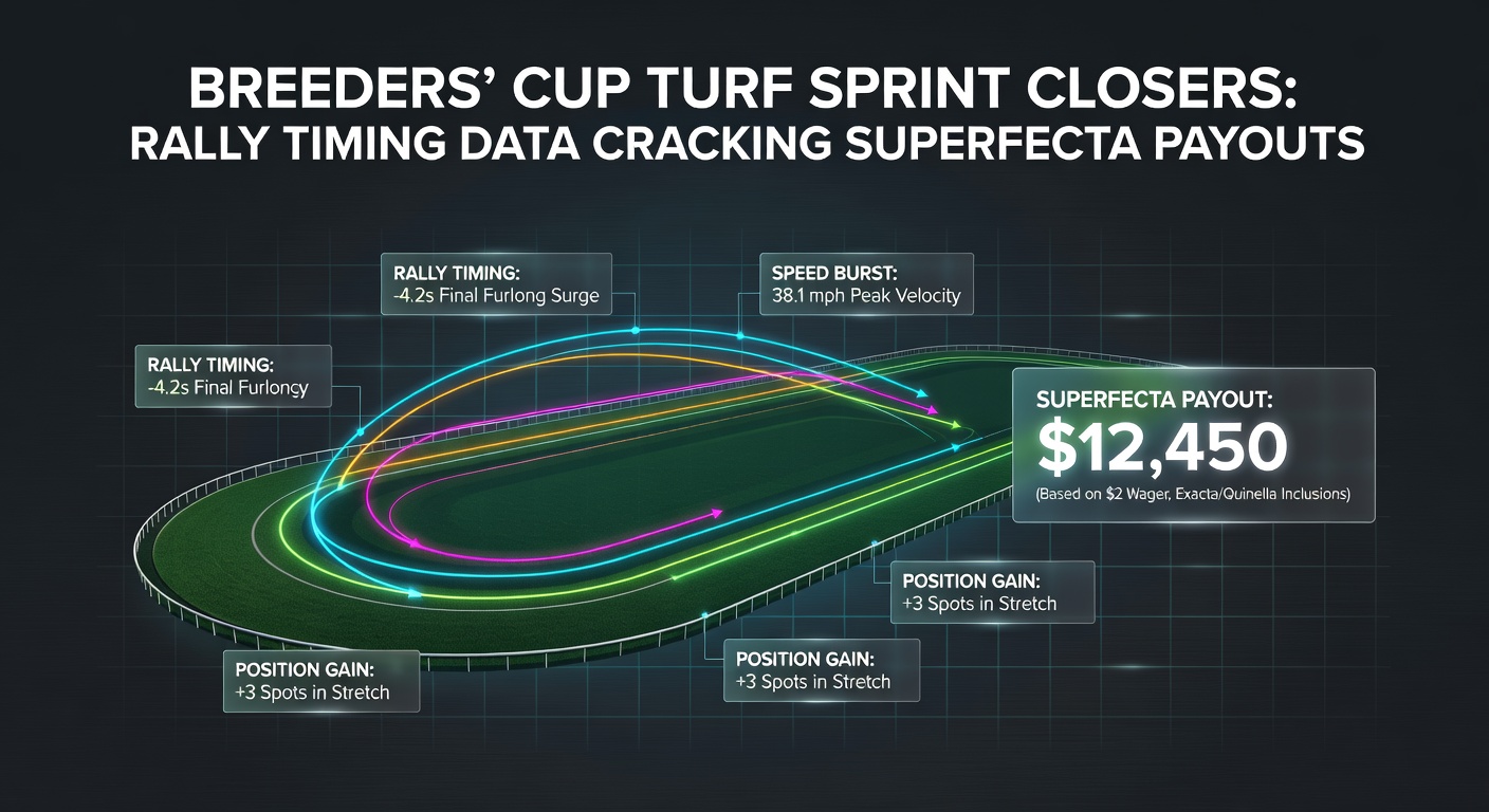 Close-up of a closer surging past tiring leaders in a Breeders' Cup Turf Sprint, jockey urging the horse on in the final strides