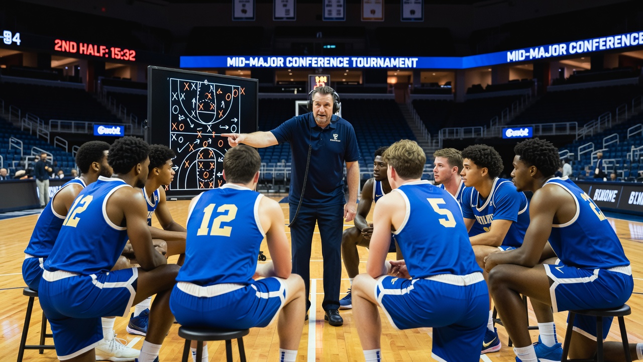 Coaches and players review defensive assignments during a mid-major conference tournament timeout