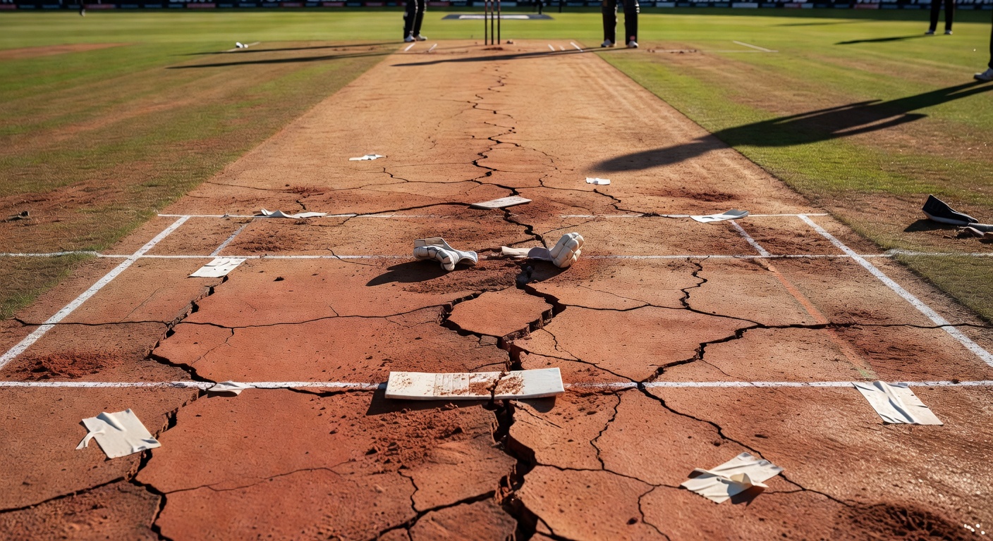 Cricket pitch showing visible cracks on day three of a Test match with variable bounce areas highlighted