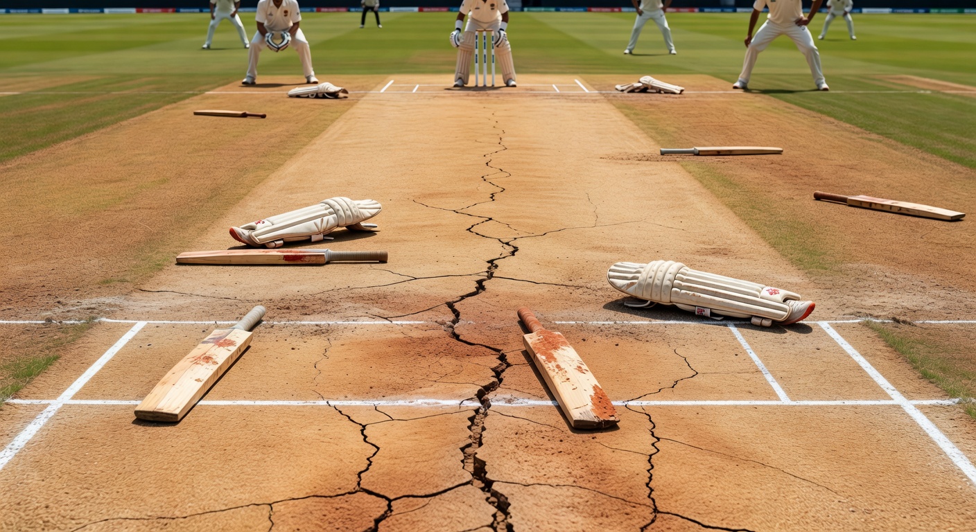 Close-up view of tailender defending on a cracked pitch during a Test match afternoon session