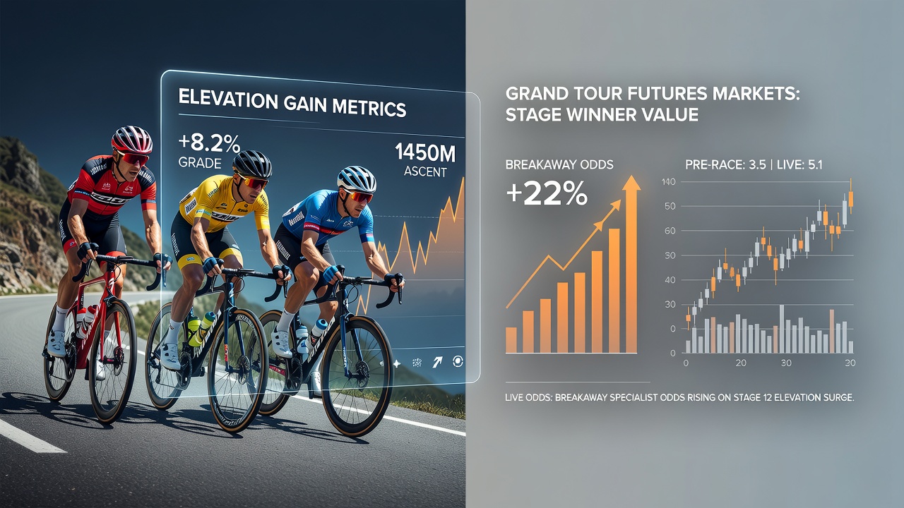 Professional cyclists pushing through a steep mountain climb during a Grand Tour stage with elevation data overlays