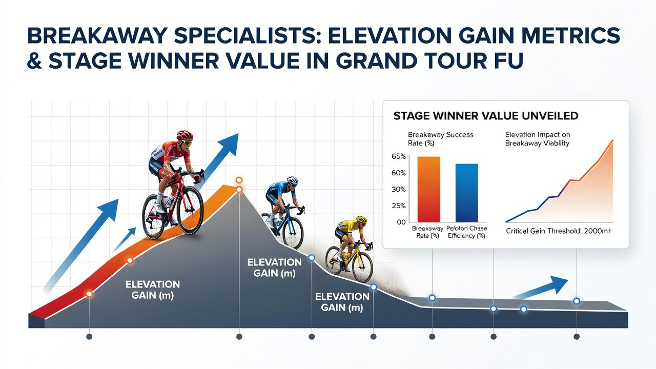 Data visualization showing elevation gain charts overlaid on grand tour stage maps with breakaway success indicators