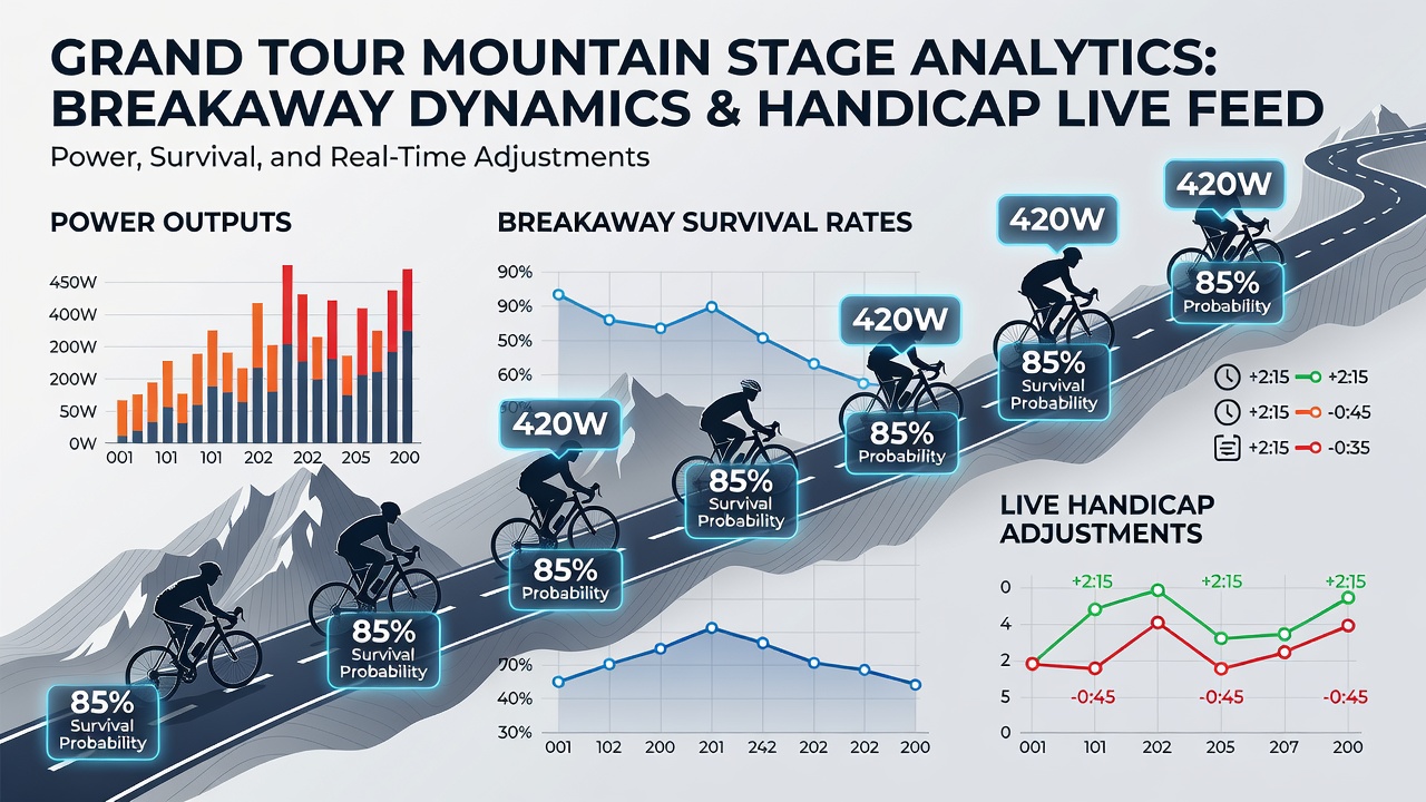 Cyclists ascending a steep mountain pass during a grand tour stage with power meter data overlays