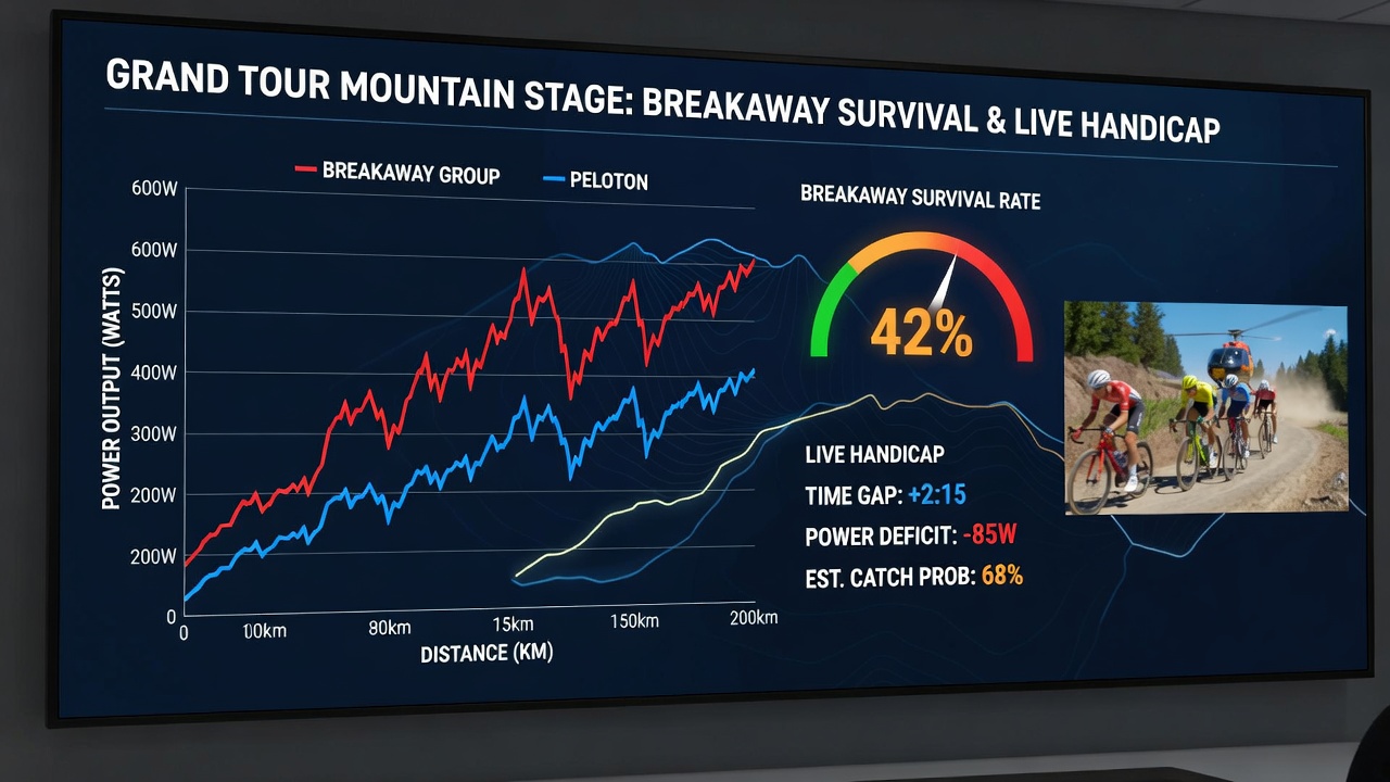 Data visualization screen showing power output graphs and breakaway survival statistics from a grand tour mountain stage
