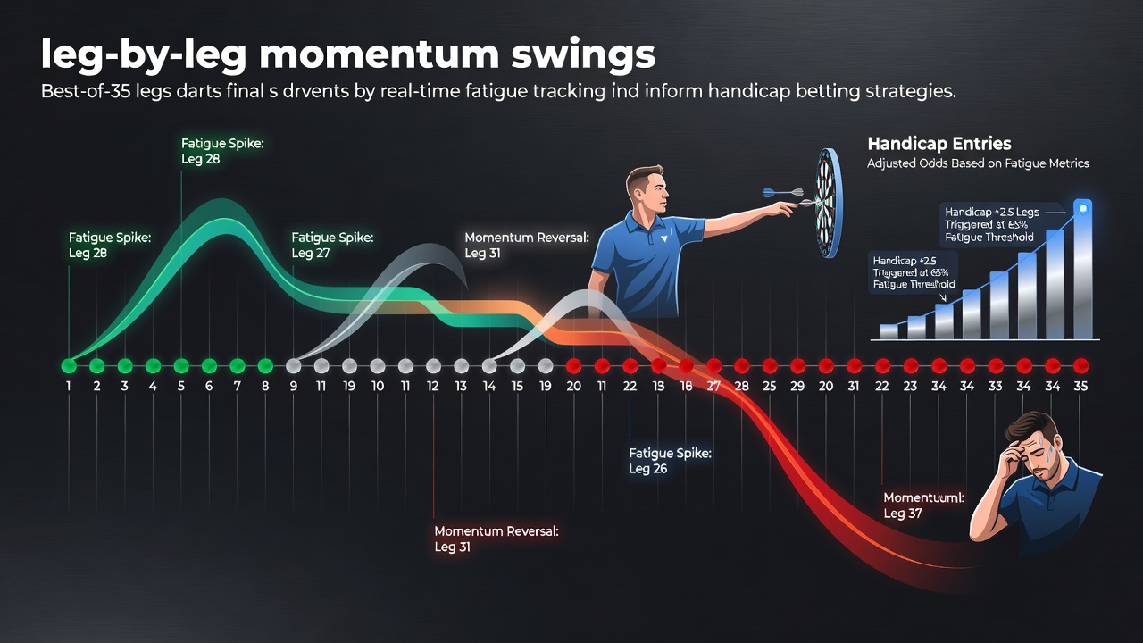 Darts players competing in a prolonged best-of-35 final match showing visible fatigue during later legs