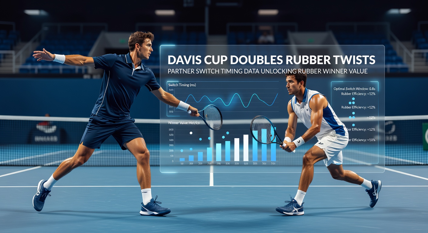 Davis Cup doubles players executing a mid-point partner switch during a tense rubber, highlighting strategic positioning shifts