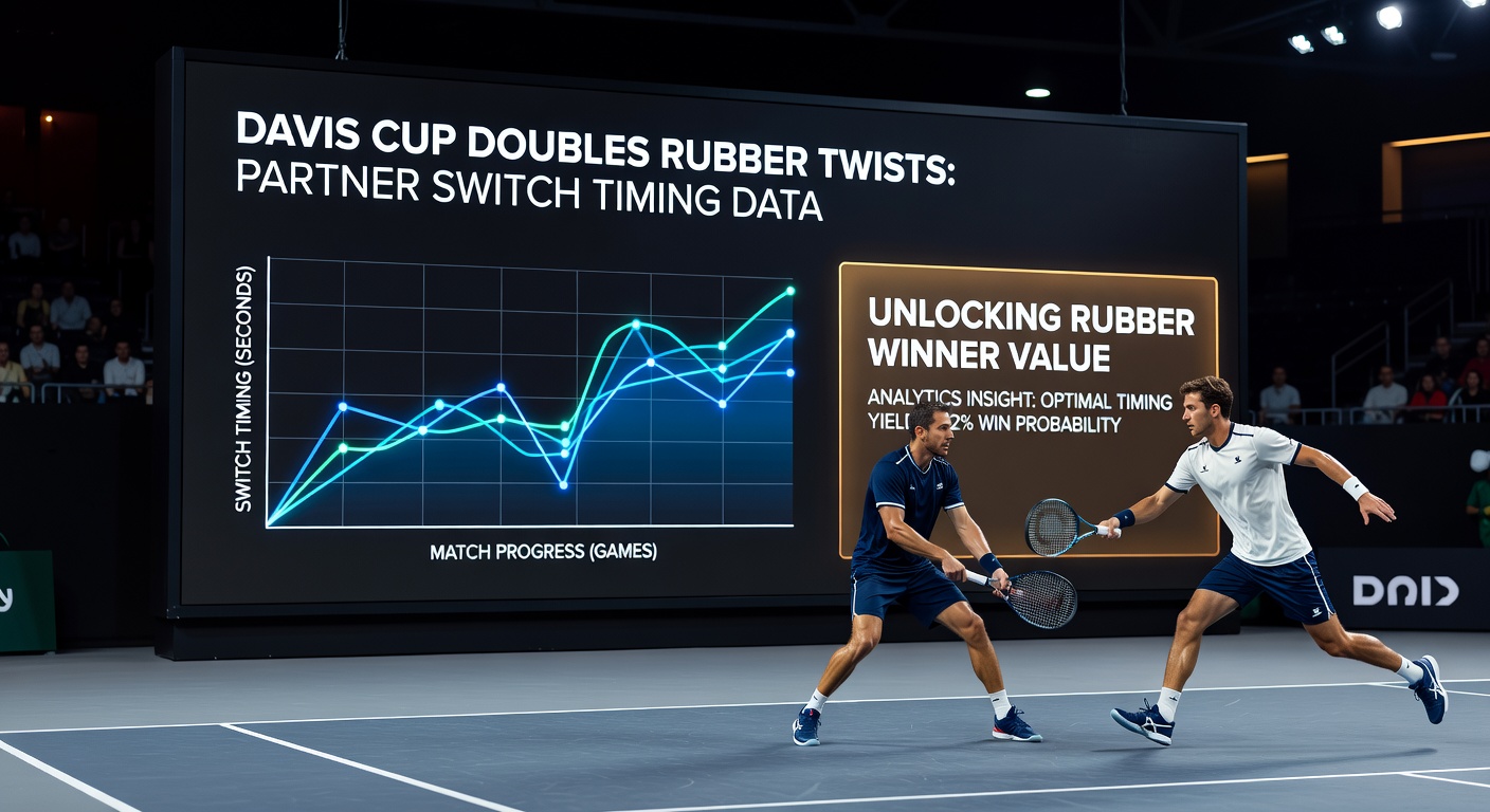 Close-up of a Davis Cup doubles duo mid-switch, data overlays showing timing correlations to point wins