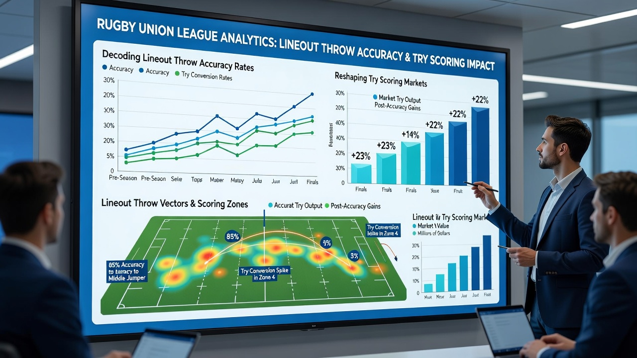 Statistical dashboard displaying lineout accuracy trends and try conversion rates