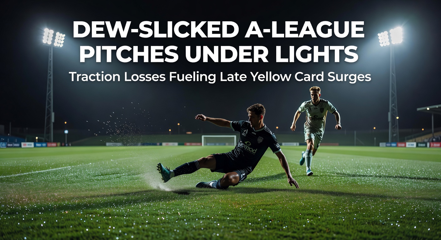 A dew-covered A-League pitch glistening under floodlights at a packed stadium, players sliding as they chase the ball late in the match