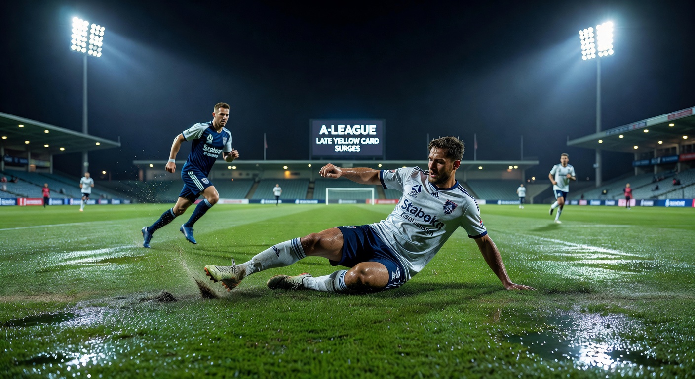 Close-up of an A-League player slipping on a dew-slicked pitch under stadium lights, referee raising a yellow card in the background