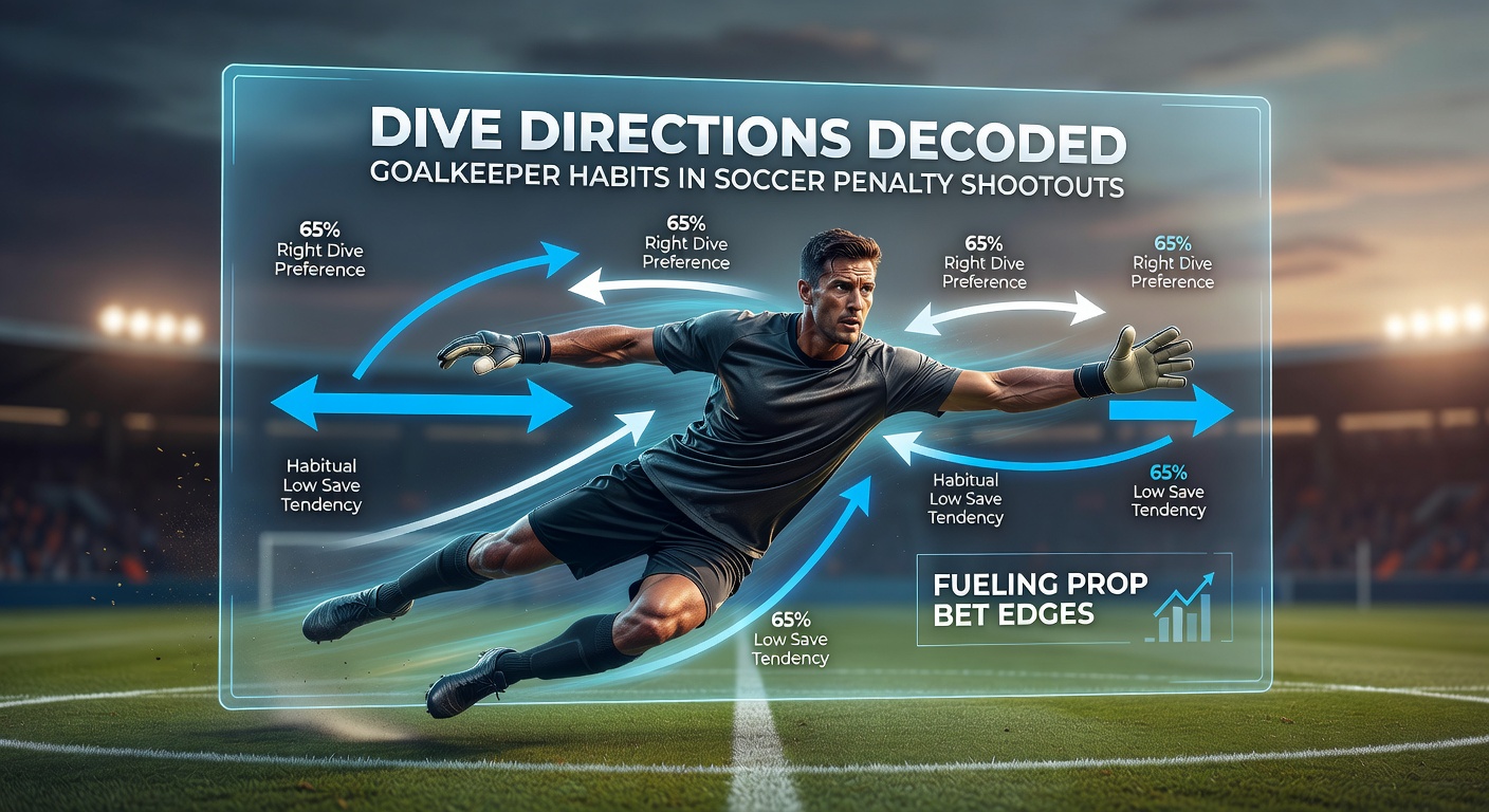 Close-up analysis graphic of penalty dive directions, with arrows showing left, right, and central tendencies in pro shootouts