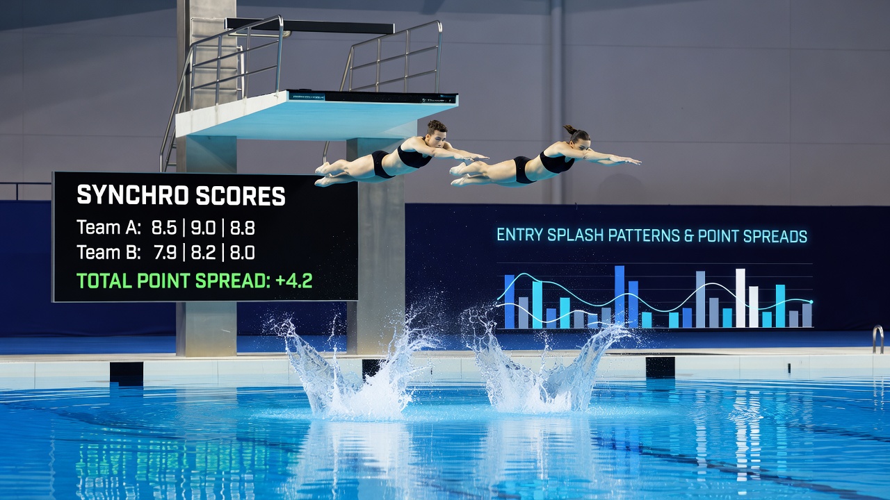 Synchronized diving platform athletes entering water with minimal splash during Olympic qualification