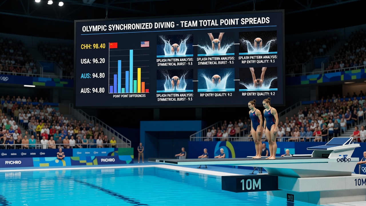 Coaches reviewing splash pattern footage on tablet during synchronized diving qualification session