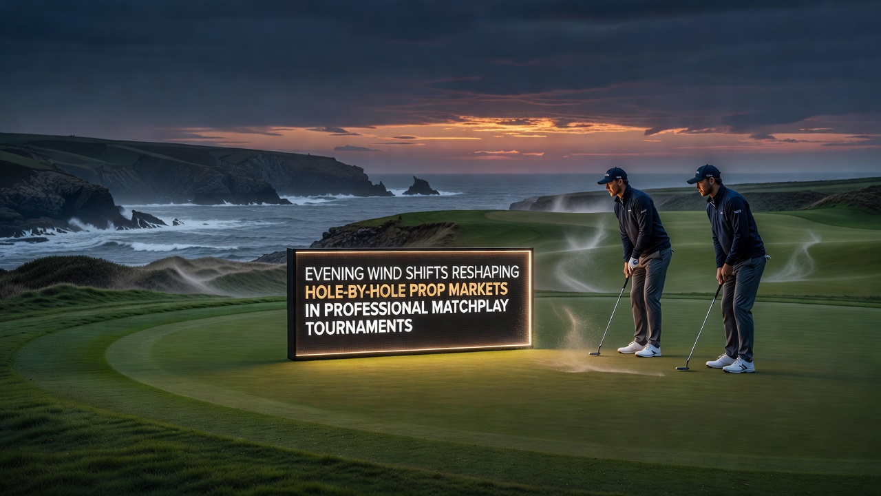 Coastal golf course at dusk with wind affecting play during a matchplay event
