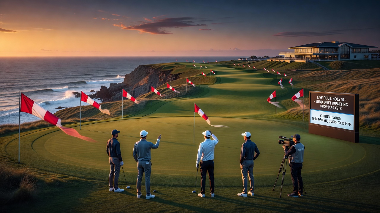 Golfers navigating an evening round on a windy coastal fairway with prop betting displays visible