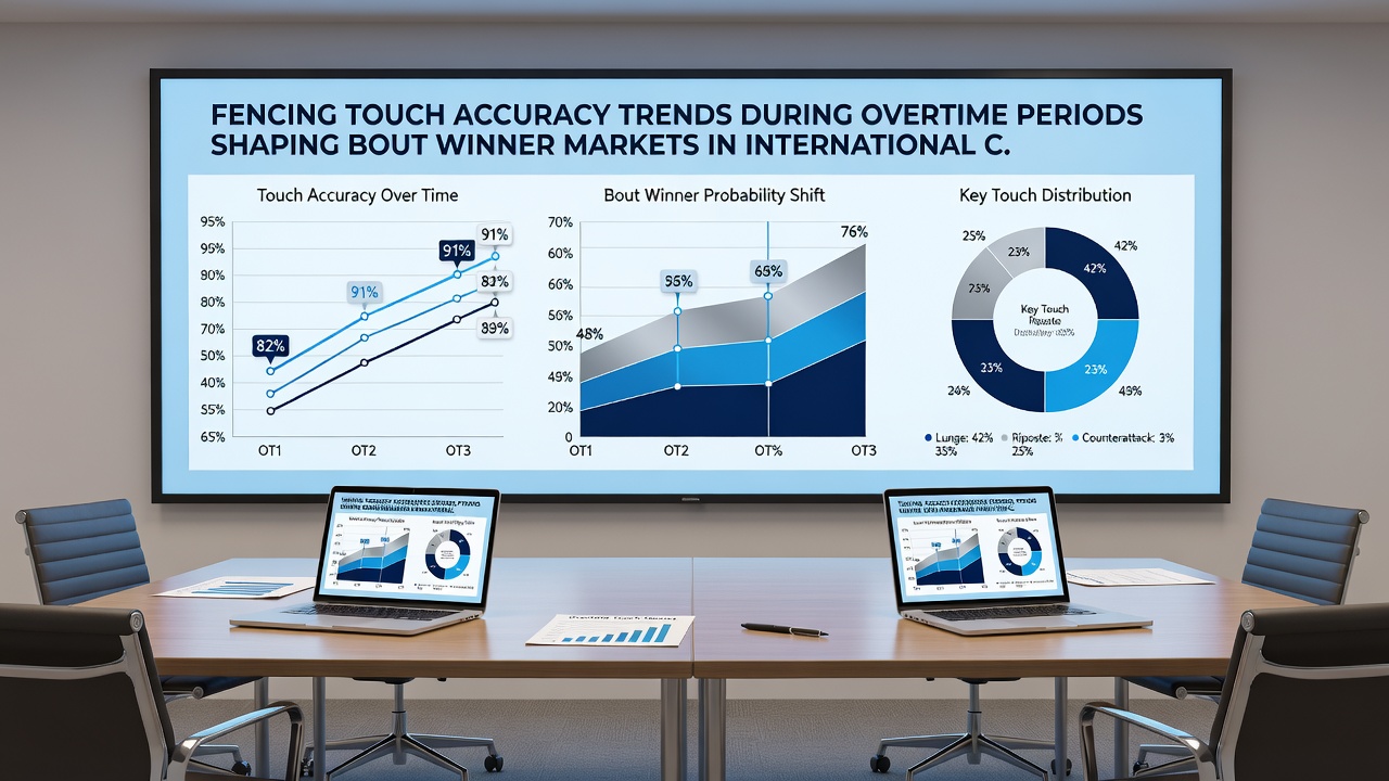 Analytics dashboard displaying fencing touch accuracy metrics and overtime bout winner probabilities from global circuits