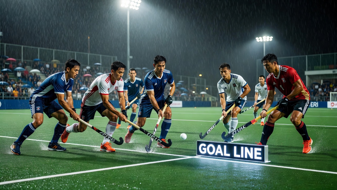 Close-up of a field hockey goal line during heavy monsoon rain with players and goalkeeper positioned for a penalty corner