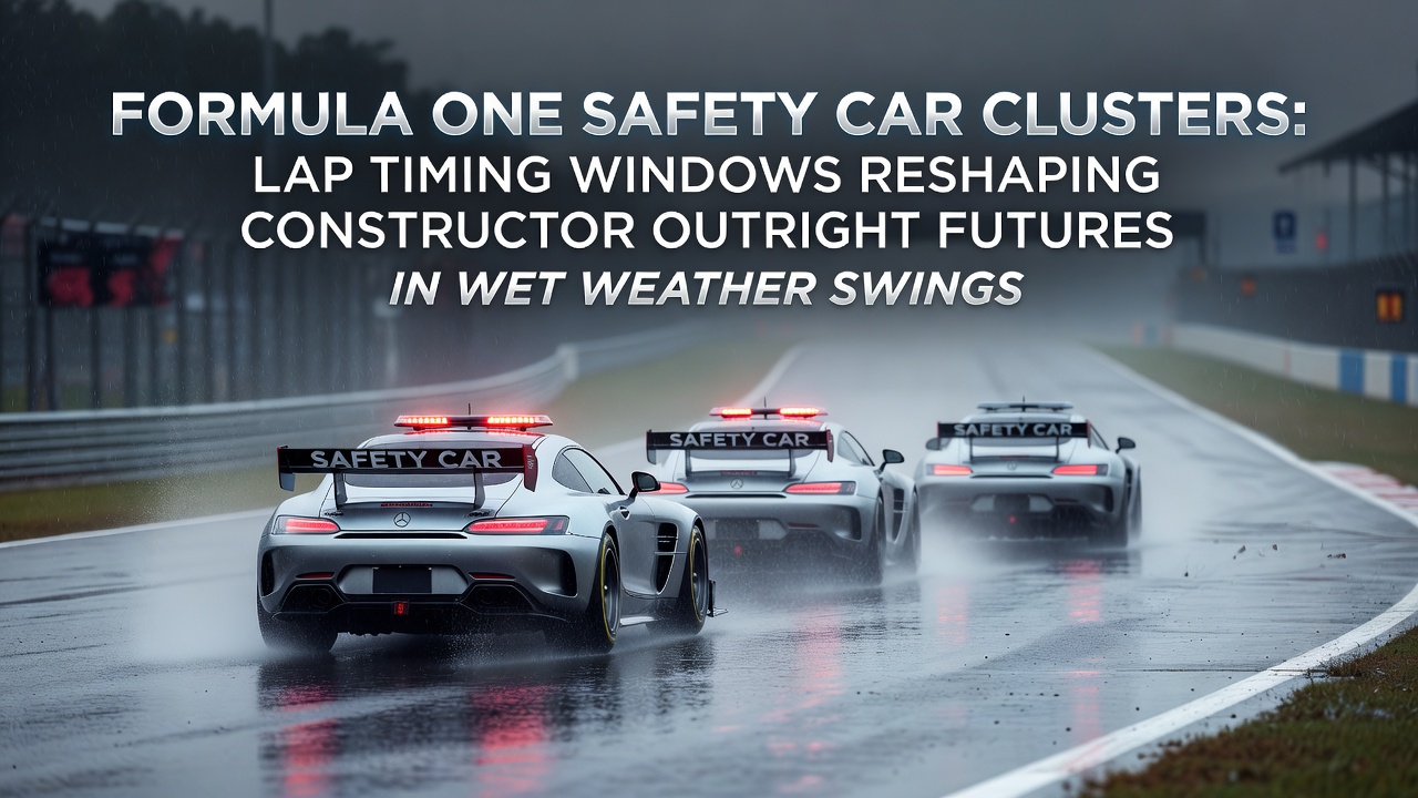 Formula One cars navigating a wet track during a safety car period with timing displays visible on pit walls