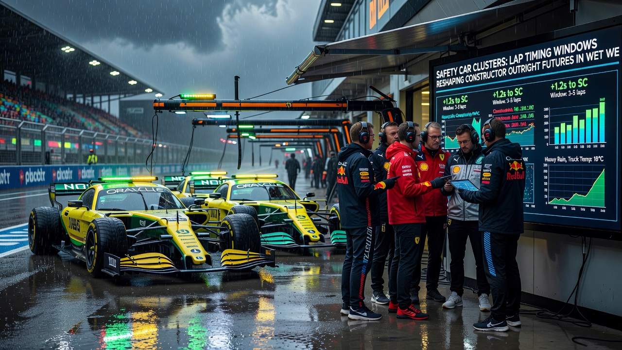 Pit crew changing tires during a safety car window on a rain-soaked Formula One circuit