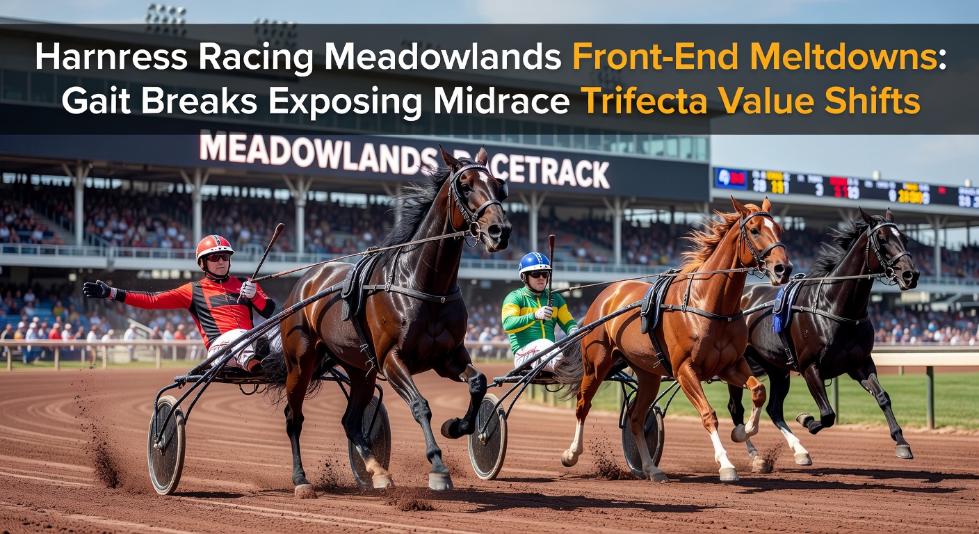A front-end pacer at Meadowlands breaking gait midrace, sending the field into chaos as closers surge forward