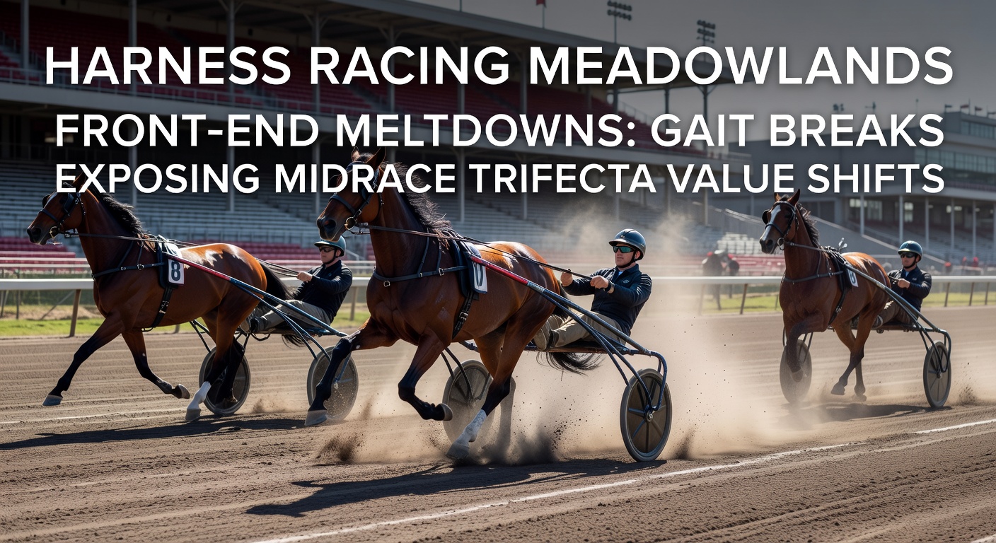 Cluster of harness horses at Meadowlands turn, leader gaits breaking as midfield challengers close the gap dramatically