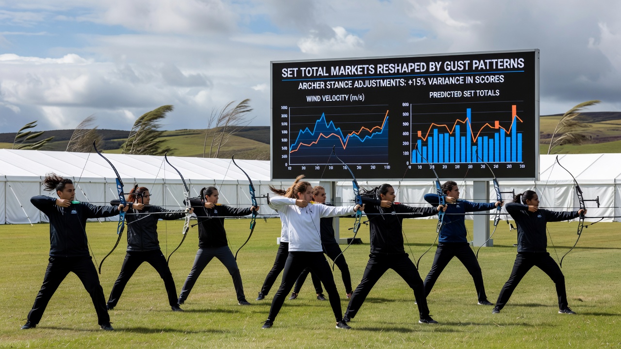 Motion capture data overlay showing archer foot angle changes in response to recorded gust vectors at a World Cup venue