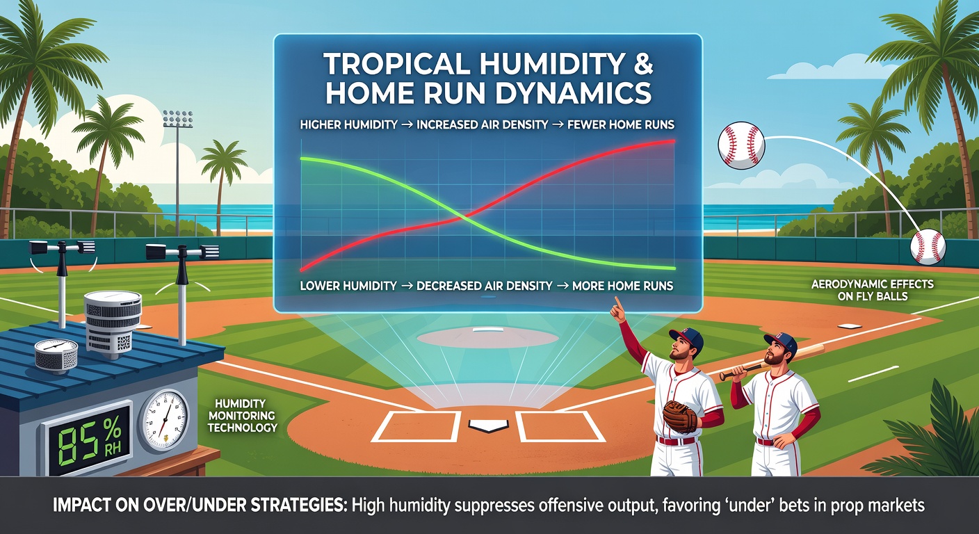 Baseball flying through humid tropical air during a night game in Miami with visible moisture in the stadium lights