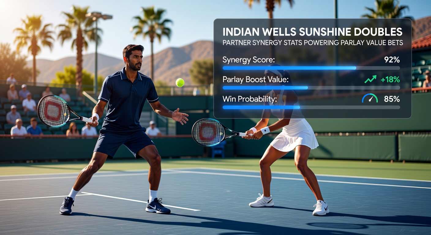 Doubles players at Indian Wells executing a perfect volley synergy during a sunny match, highlighting partner coordination on the hard courts