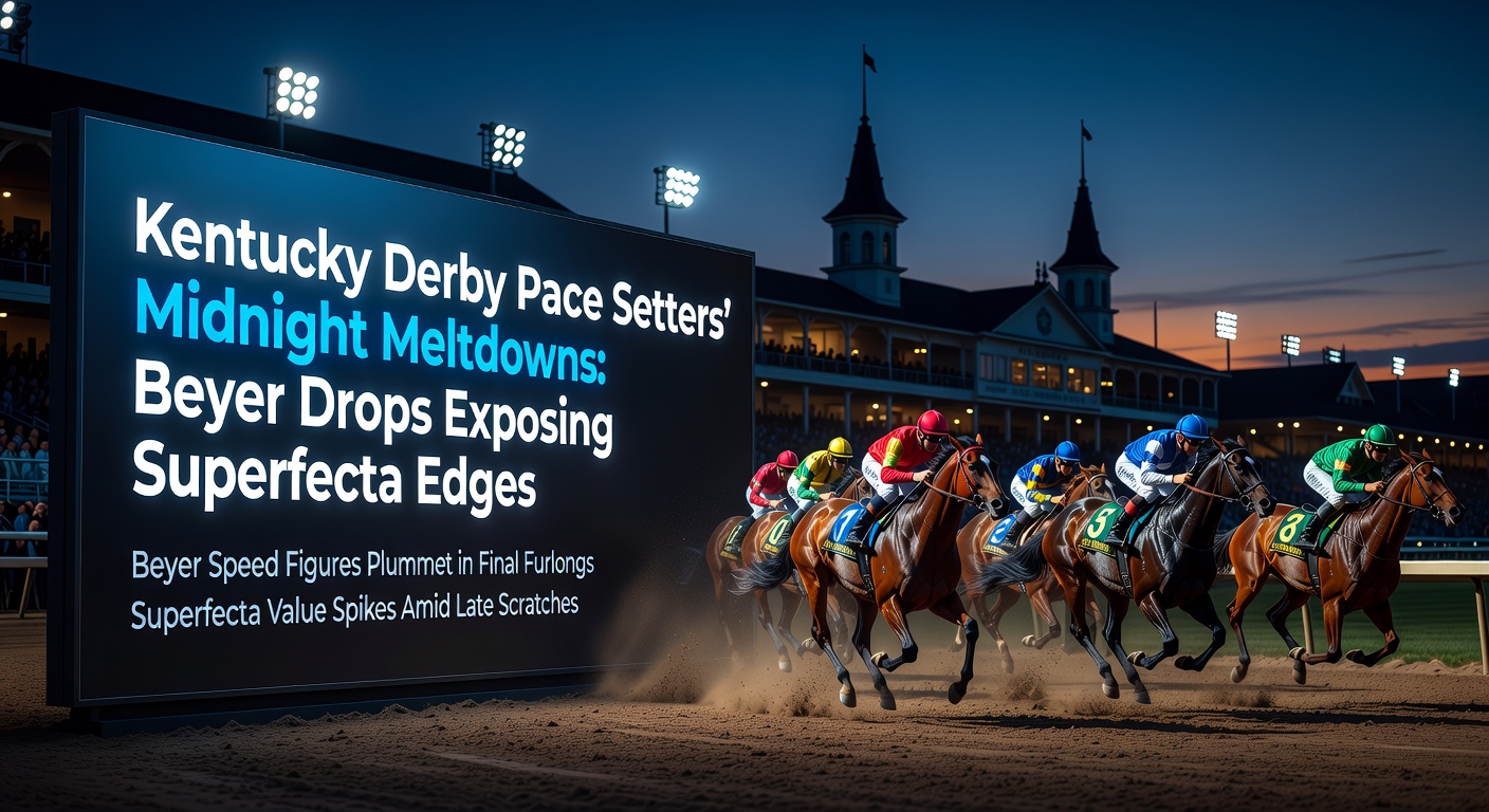 A front-running horse straining in the final stretch of the Kentucky Derby, crowd blurred in the background as closers surge past