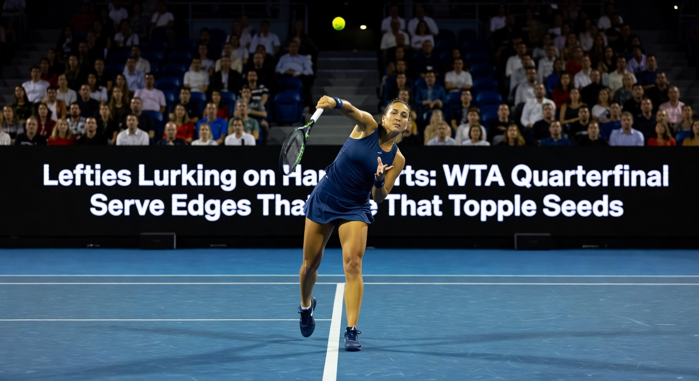 A left-handed WTA player delivers a powerful serve on a hardcourt during a high-stakes quarterfinal match, slice curving sharply into the receiver's body