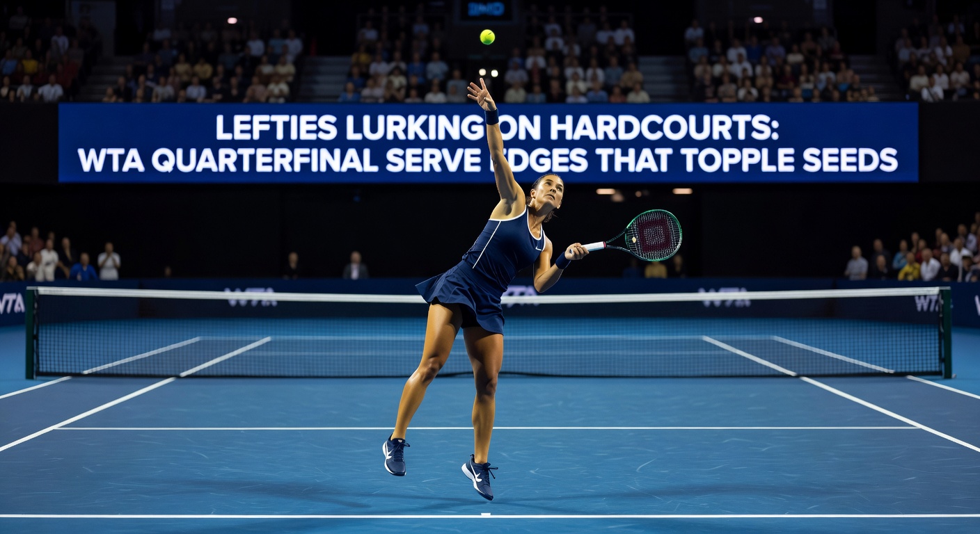 Close-up of a WTA quarterfinal on hardcourt, showing a seed player struggling to return a lefty's curving serve, net tape fluttering