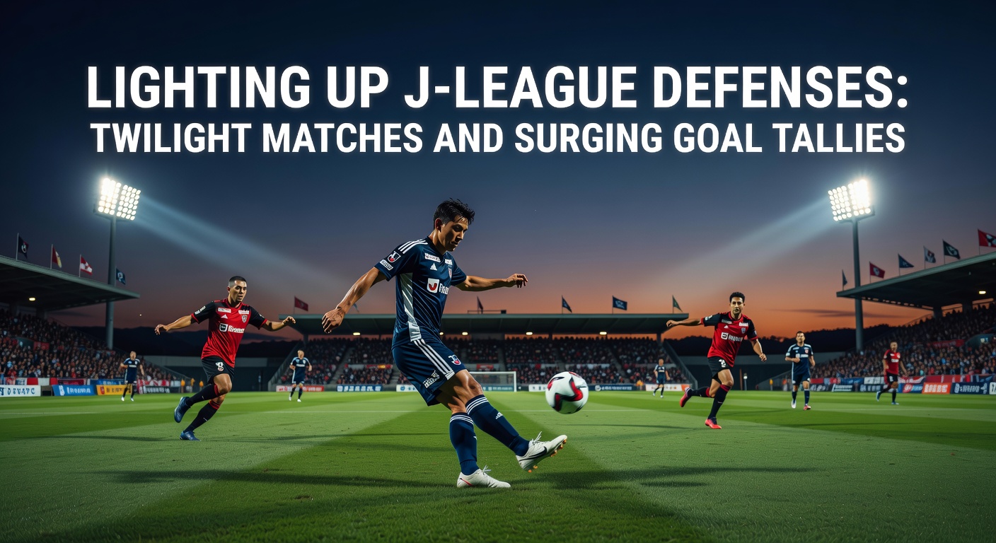 J-League players contesting a ball in a twilight match with stadium lights beginning to glow, highlighting defensive vulnerabilities