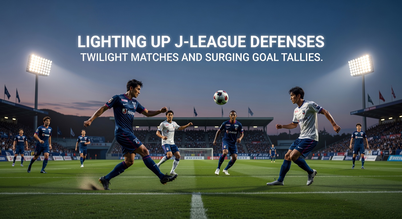 A J-League defender missing a clearance under twilight floodlights, leading to a goalmouth scramble
