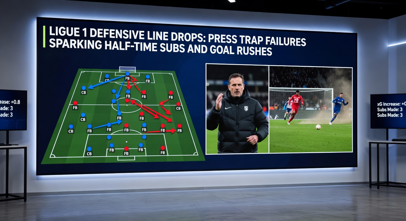 Half-time substitution huddle in Ligue 1, with coaches gesturing at tactical boards amid goal rush threats