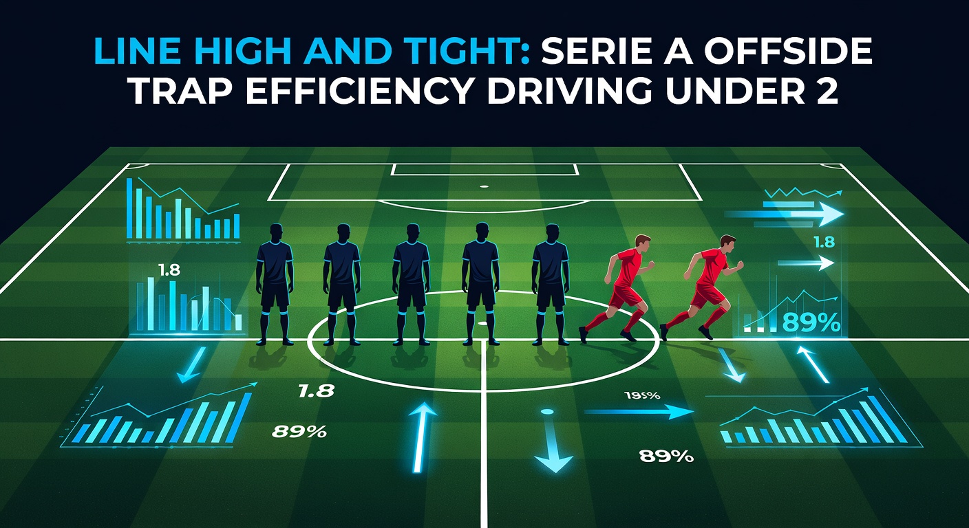 Serie A defenders executing a high offside trap during a tense match, compressing the pitch and catching attackers offside