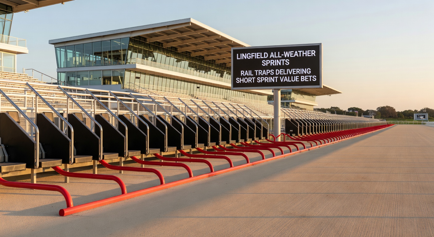 Lingfield Park's all-weather sprint track in action, with horses hugging the rail during a 5f dash under floodlights