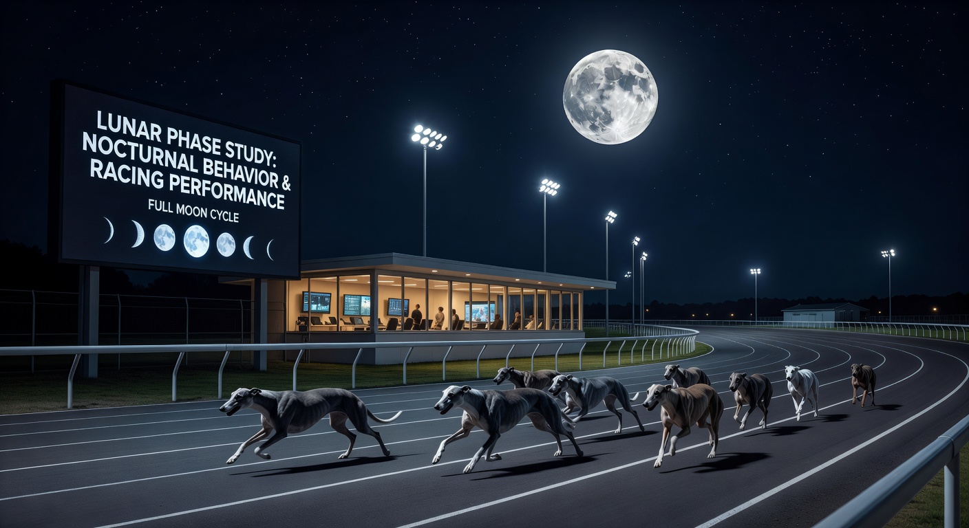 Greyhound racing under varying moonlight conditions at a night circuit