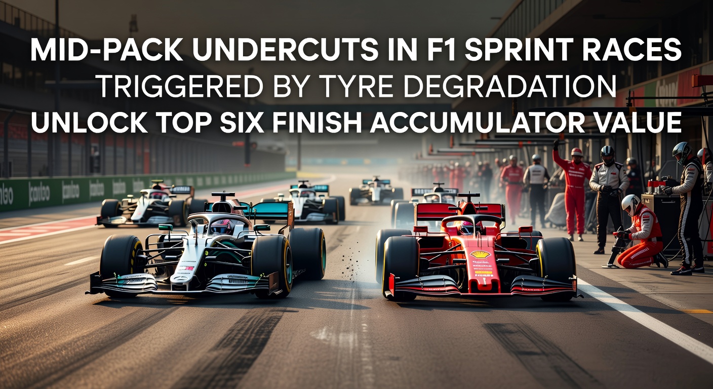 F1 midfield cars battling during a sprint race pit strategy phase, highlighting tyre wear and undercut moves