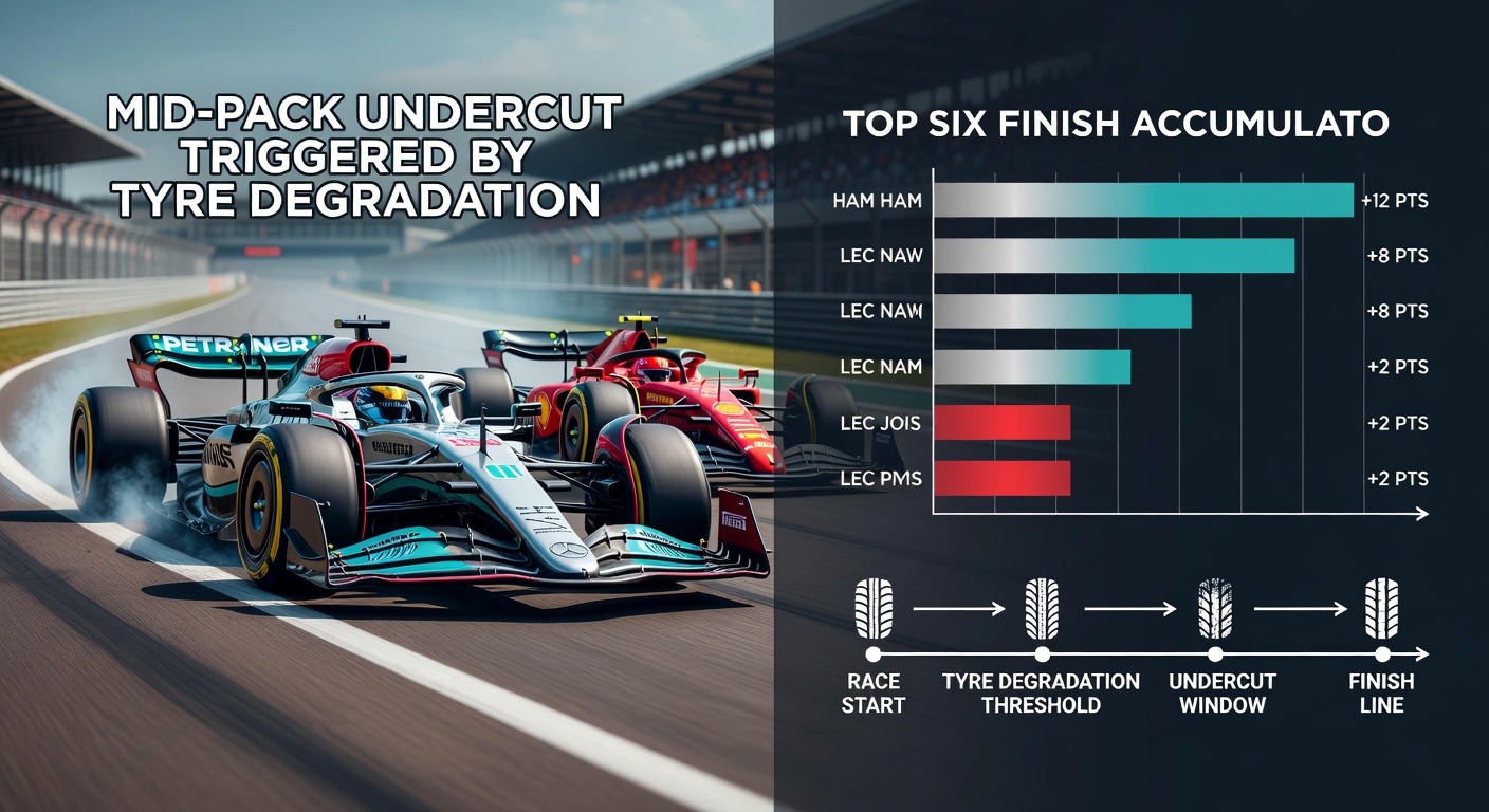 Close-up of F1 pit crew changing tyres during a sprint race undercut, with data overlays showing lap time gains