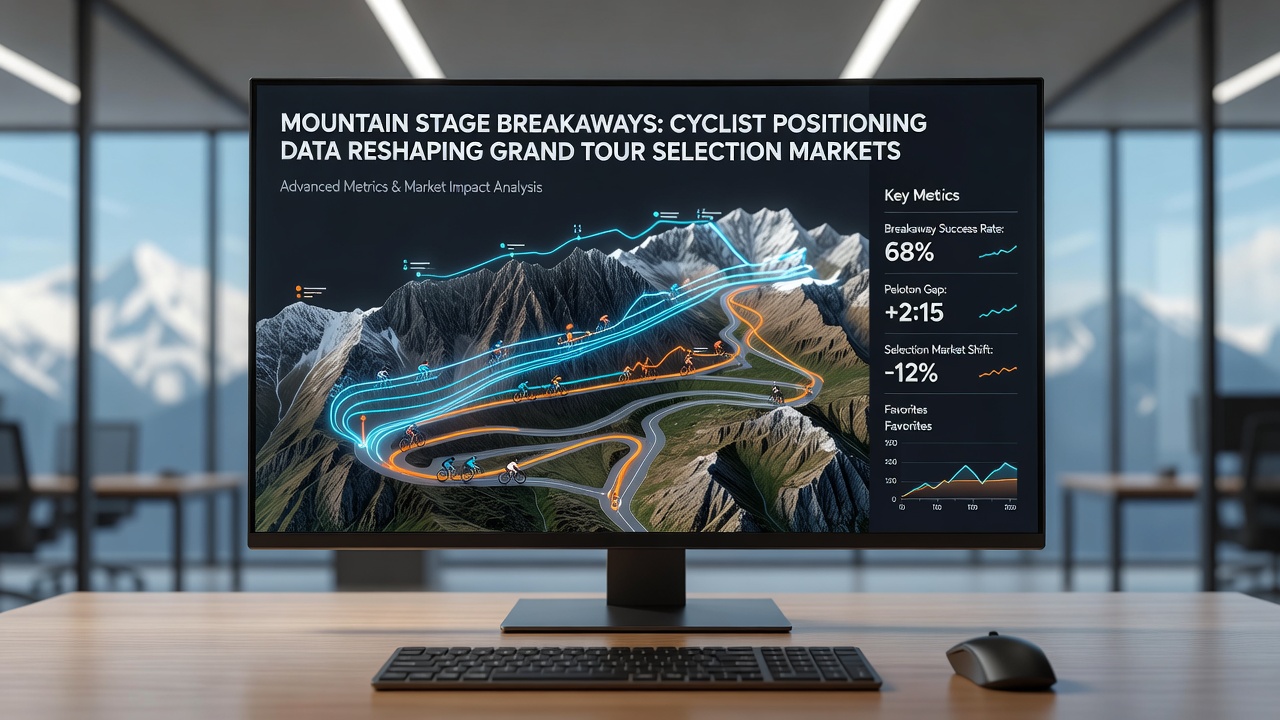 Data visualization showing cyclist positioning metrics and breakaway gap analysis on a mountain stage profile