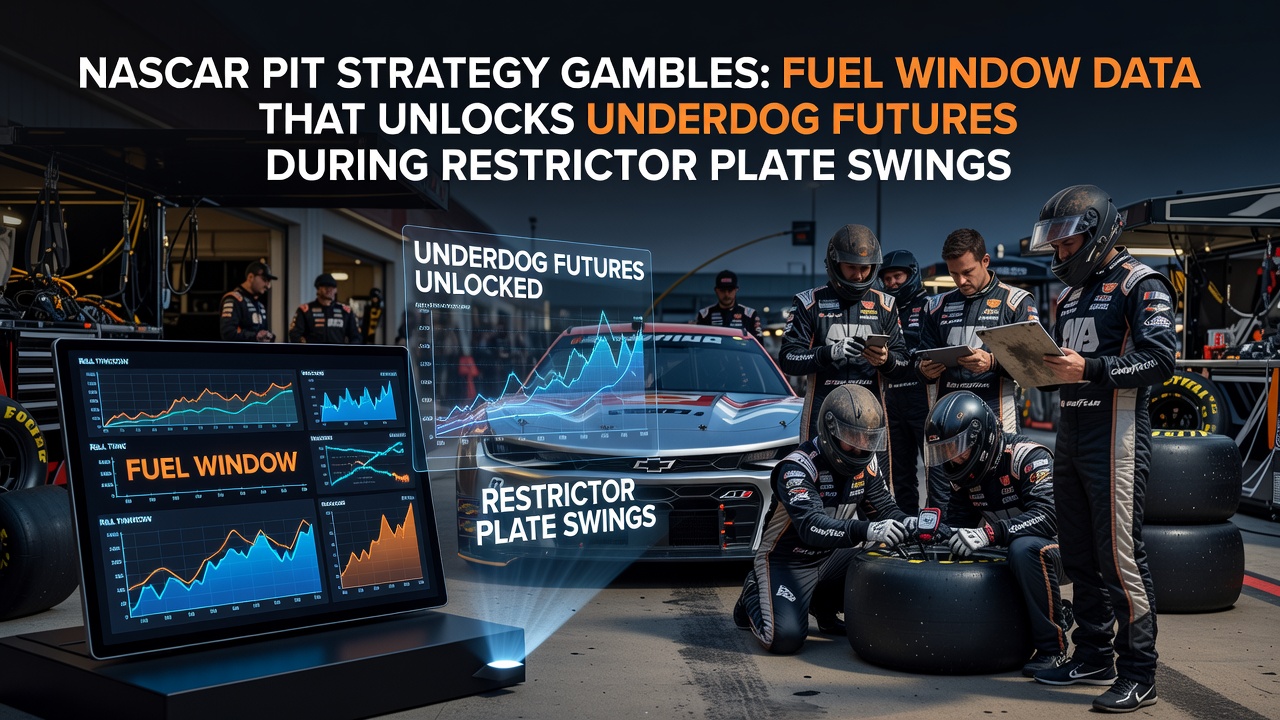 NASCAR teams executing precise pit stops at a restrictor plate superspeedway with fuel data overlays