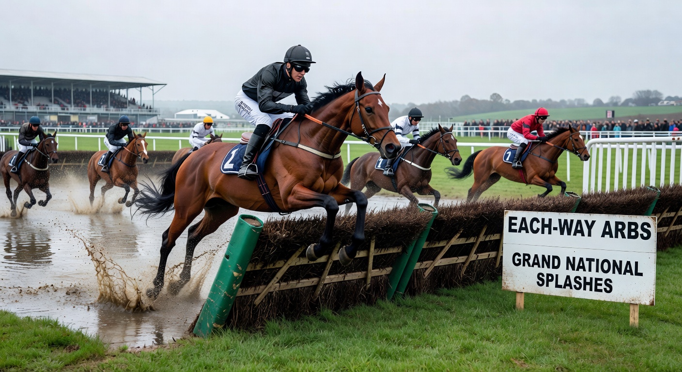 Horses tackling the steep drop and water splash at Becher's Brook during the Grand National, with spray flying high amid a packed field