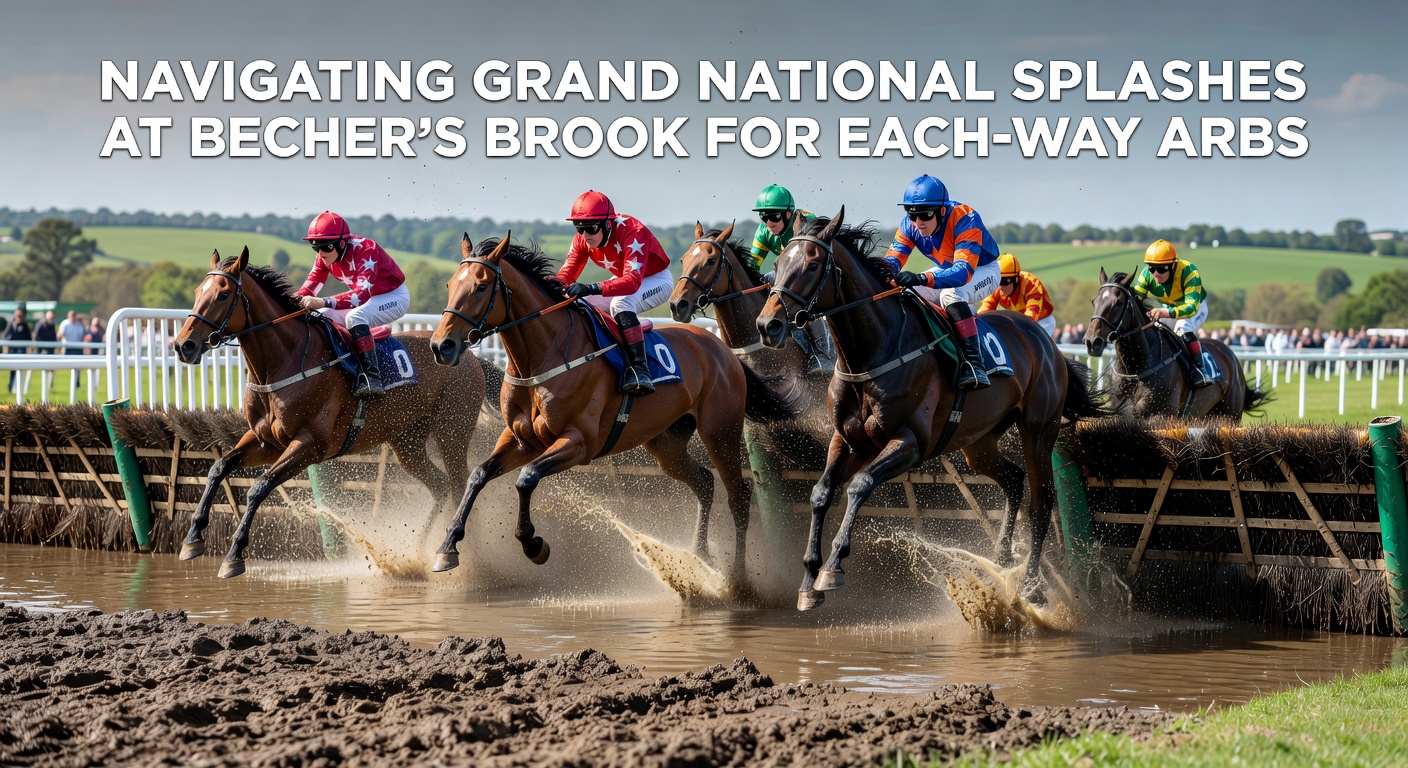 Close-up of a horse mid-jump over Becher's Brook, water exploding on landing as jockey urges it forward in the Grand National field