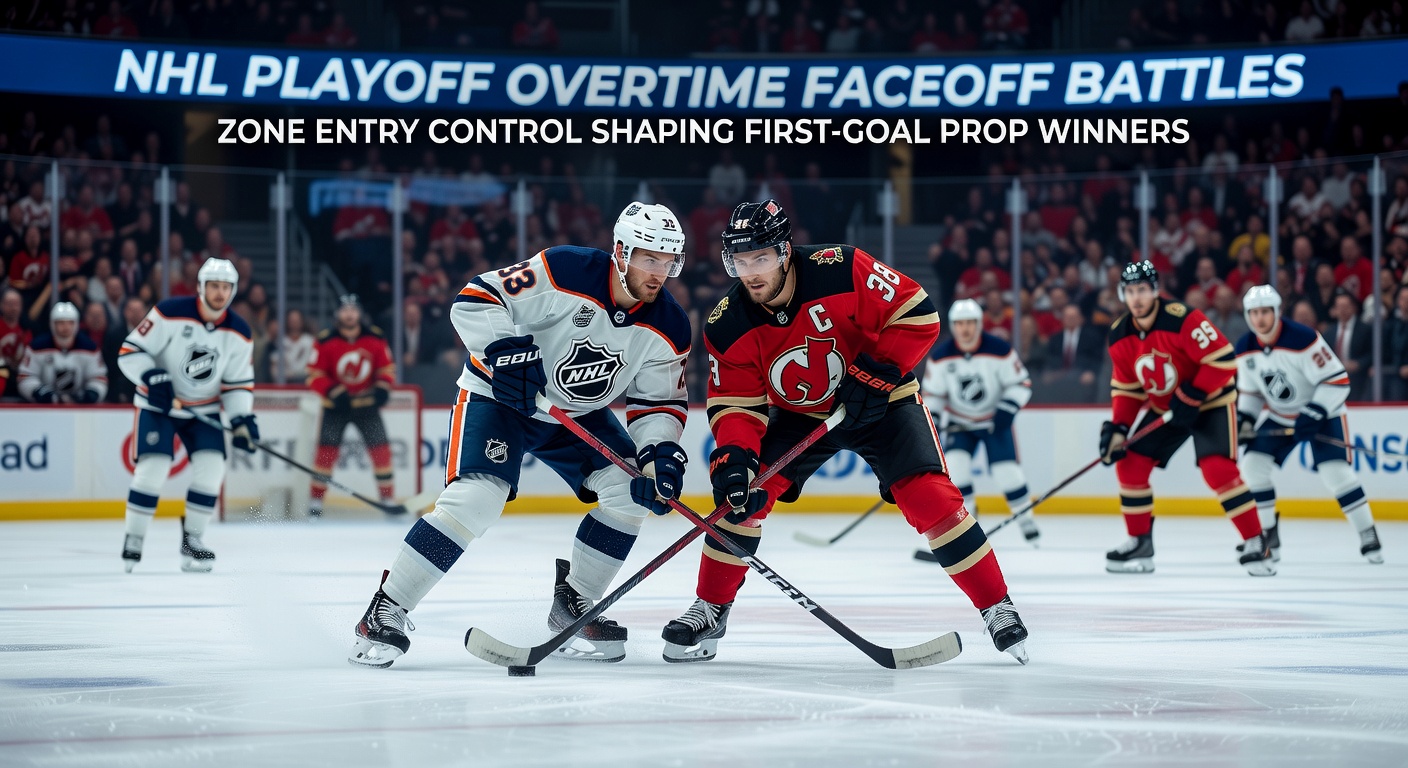 NHL players battling for a faceoff in playoff overtime, puck dropping amid intense stares